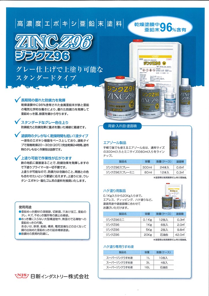 ジンクZ96　20kg　グレー【日新インダストリー】ローバル同等 常温亜鉛めっき ジンクリッチペイント さび止め 防食 めっきの補修 防錆 重防食 鉄 塗り替え