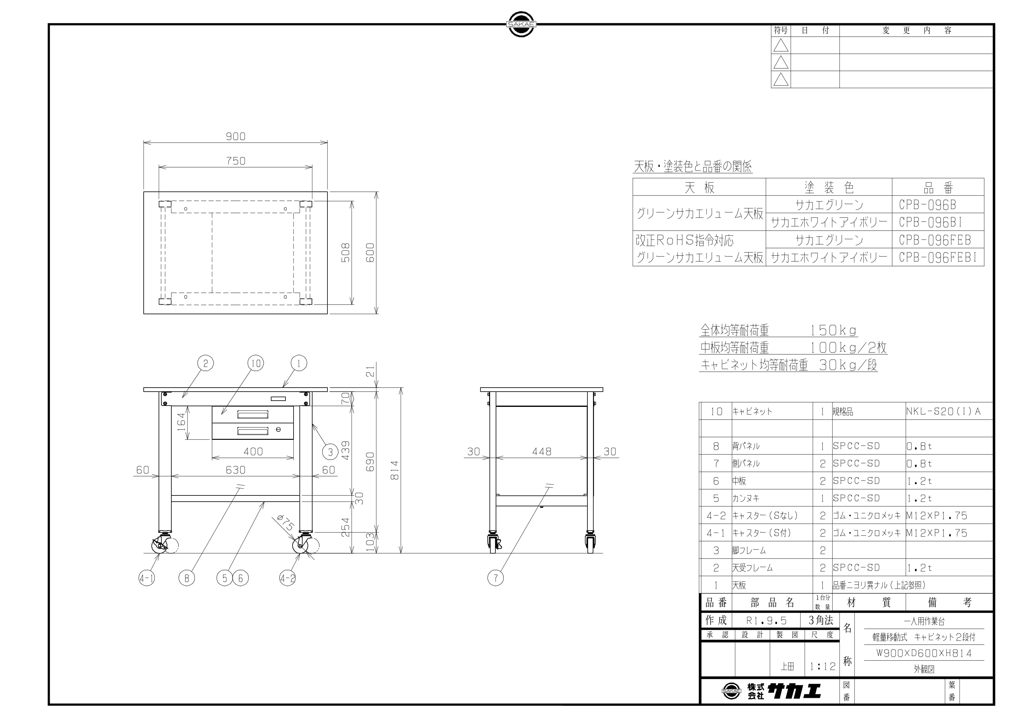 軽量一人用作業台移動式（改正ＲＯＨＳ１０物質対応）（ＣＰＢＥ－０９６Ｂ）W900×D600×H810【サカエ】※代引決済不可、個人宅配送不可