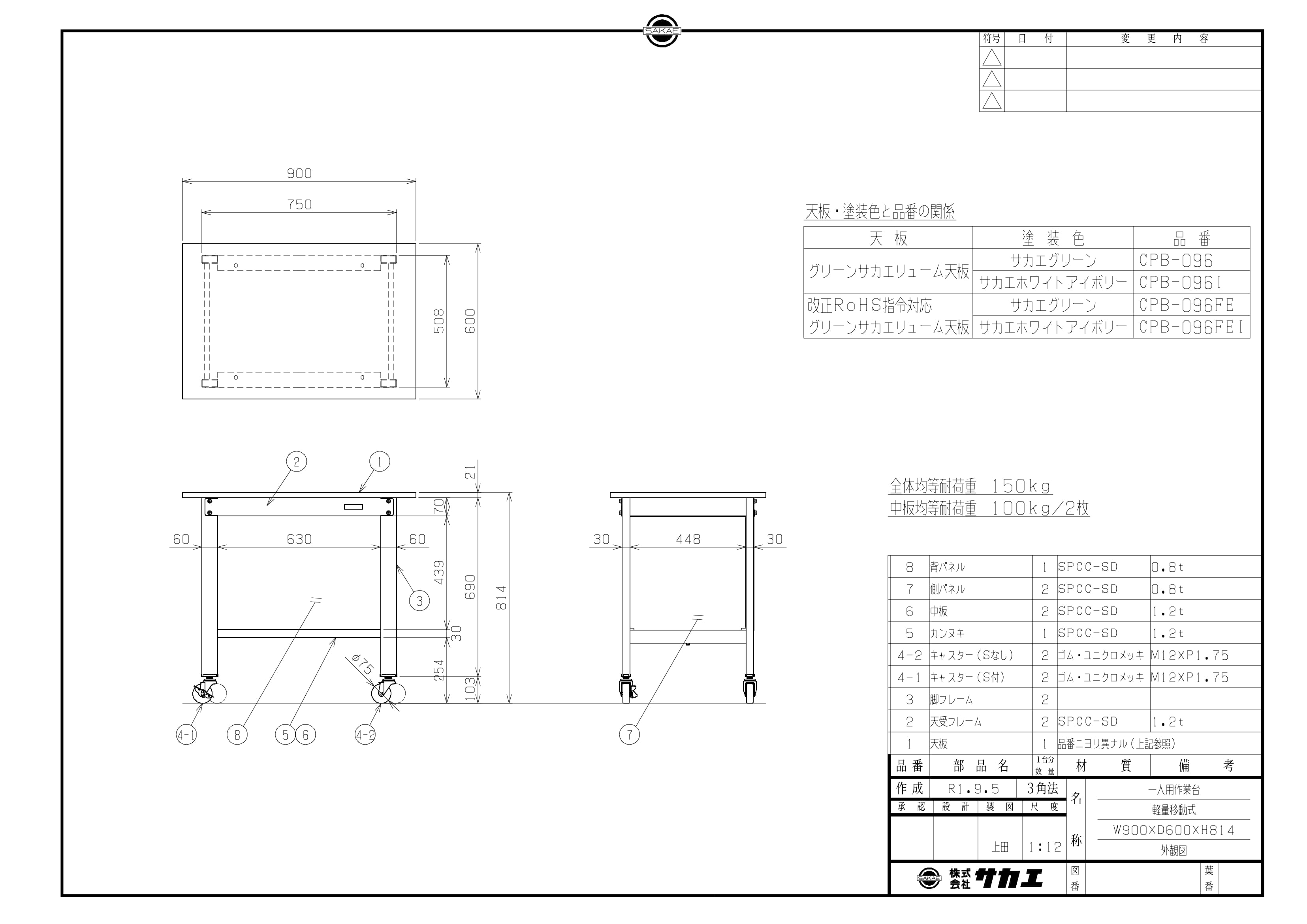 軽量一人用作業台移動式（改正ＲＯＨＳ１０物質対応）（ＣＰＢＥ－０９６Ｉ）W900×D600×H810【サカエ】※代引決済不可、個人宅配送不可