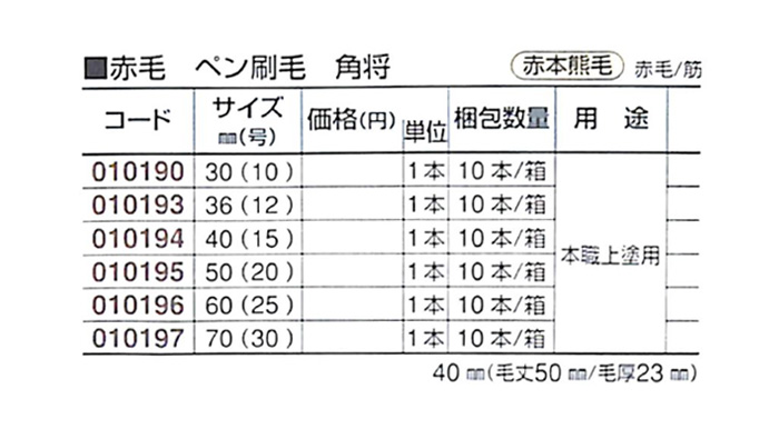 好川産業株式会社 赤毛 ペン刷毛 角将 赤本熊毛 赤毛/筋 36mm(12号) 1本【好川産業株式会社】